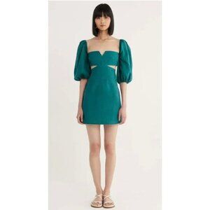 Rumer the Label Freya Puff Sleeve Linen Cutout Mini Dress Sz Small Emerald $269